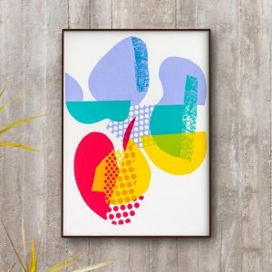 Est?dio El?stico, serigrafia sobre colagem abstrata de composi??o, cores e formas bem equilibrada e com apuro formal. Artista Rog?rio Maciel.