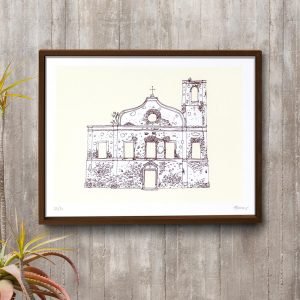 Est?dio El?stico, serigrafia de desenho de Igrejas brasileiras destru?das, Igreja de Alc?ntara, impressa em marrom e amarelo, hom?nima do livro Igrejas Destru?das do artista Eduardo Verderame.