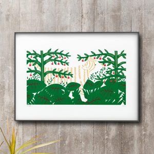 Est?dio El?stico, serigrafia de Gato desenhado entre vegeta??o feita em t?cnica de recorte e desenho. Artista Rita Vidal.