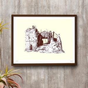 Est?dio El?stico, serigrafia de desenho de Igrejas brasileiras destru?das, Igreja de Canudos Nova, impressa em marrom e amarelo, hom?nima do livro Igrejas Destru?das. Artista Eduardo Verderame.