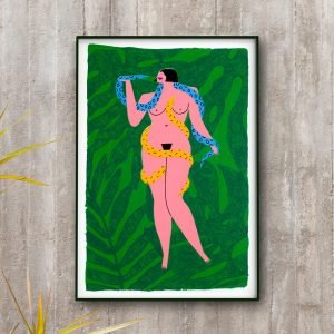 Est?dio El?stico, serigrafia onde a personagem feminina representando Eva, dialoga com serpentes enroladas em seu corpo. Ilustradora e artista visual Paola Saliby.