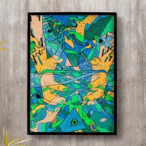 Est?dio El?stico, serigrafia em tons de verde, azul, amarelo e preto. tema abstrato, onde os elementos simb?licos e enigm?ticos flutuam como pano de fundo para um par de m?os formando uma brincadeira popular de trama de el?sticos, chamada ?cama de gato?. Artista Bruno Miranda.