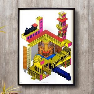 Est?dio El?stico, serigrafia do Museu Catavento em S?o Paulo, representado em desenho tridimensional fazendo recorte e desconstru??o da arquitetura estabelecida originalmente em uma interpreta??o do artista e tatuador Leon Domingos.