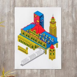 Est?dio El?stico, serigrafia do museu da l?ngua portuguesa em S?o Paulo, representado em desenho tridimensional fazendo recorte e desconstru??o da arquitetura estabelecida originalmente em uma interpreta??o do artista e tatuador Leon Domingos.