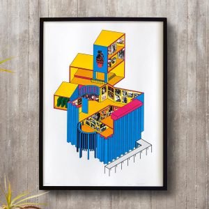 Est?dio El?stico, serigrafia do Museu da Imagem e do Som em S?o Paulo, representado em desenho tridimensional fazendo recorte e desconstru??o da arquitetura estabelecida originalmente em uma interpreta??o do artista e tatuador Leon Domingos.