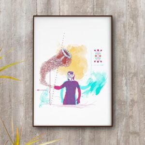 Est?dio El?stico, imagem que mostra a silhueta de um homem refletido em magenta e azul-turquesa, est? rodeado de uma composi??o com manchas de tinta e ch?, colchetes, riscos, setas e uma ?gua-viva gigante, com tent?culos mais parecidos com um sistema nervoso humano. Artista Rog?rio Maciel.