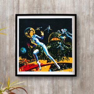 Est?dio El?stico, serigrafia A Conquista do Espa?o do artista pl?stico Fernando Mira ressignificando poster de filme de fic??o cient?fica, onde um monstro ataca a esta??o espacial