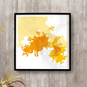 Serigrafia em tons de amarelo e detalhes em prata, com tipografia desenhada ? m?o sobre mapa n?utico. Designer Teo Menna