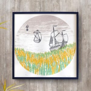 Estudio El?stico, serigrafia com temas sobre a conquista de espa?os, mostra navios e campos com flores. A constru??o da imagem em recortes com t?cnica mista. Artista Rita Vidal