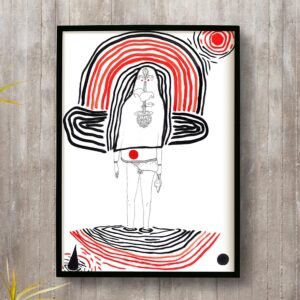 Est?dio El?stico, esta serigrafia mostra um ser envolto em tra?os curvos de preto e vermelho pincelados como irradia??es de energia. O personagem n?, visto em p?, com os p?s dentro da ?gua e a parte superior de seu corpo est? ilustrada em forma de um saco. Dentro deste, elementos vegetais d?o a impress?o de representar os ?rg?os do sistema digestivo, nervoso e cerebral. Artista Rimon Guimar?es
