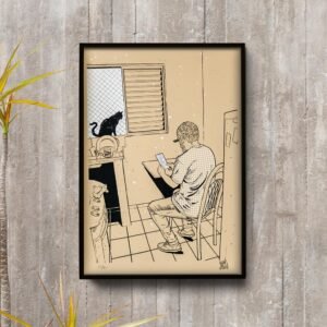 Est?dio El?stico, homem de meia idade l? uma carta ou bilhete sentado na cozinha, em companhia de seu gato que olha para fora sentado na janela. Artista Bruno Miranda.