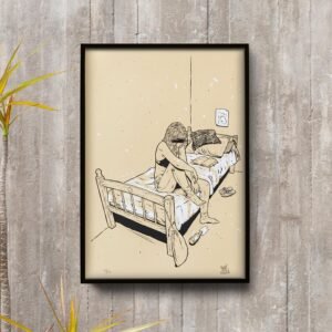 Est?dio El?stico, em um quarto uma jovem mulher sentada ao lado de um livro aberto sobre a cama. Parece pensativa. Artista Bruno Miranda.